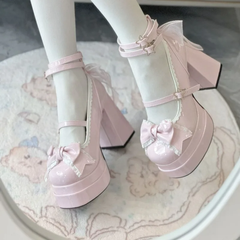 Women's Shoes Shallow Lolita Pumps Fashion Platform Mary Janes Butterfly Knot Round Toe Casual Shoes PU Leather Women High Heels