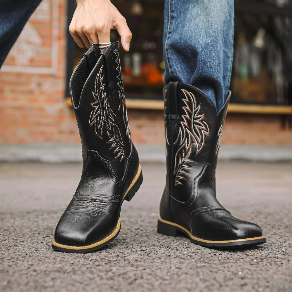 Men's Boots Embroidery High Boots Retro Platform Male Western Cowboy Boots Square Toe Slip on Men's Shoes Handmade Outdoor Boot - Image 3