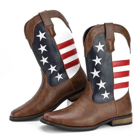 Men's Trendy High Top Cowboys Boots With Stars And Stripes Pattern, Non Slip Comfy Durable Shoes For Outdoor Traveling Walking